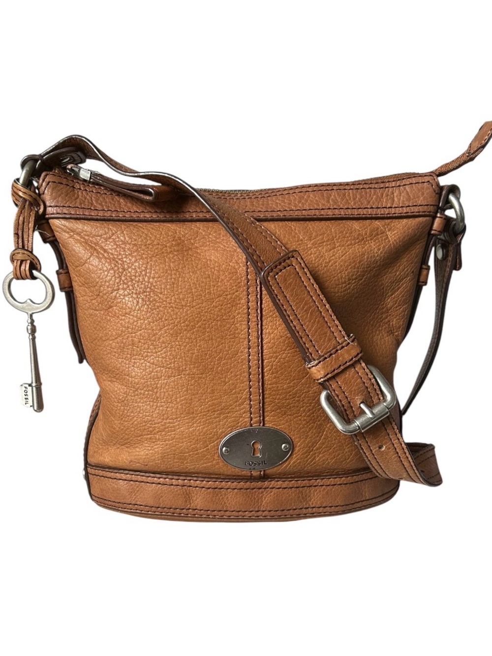 Fossil Maddox Cognac Leather Crossbody Bag with Key Charm